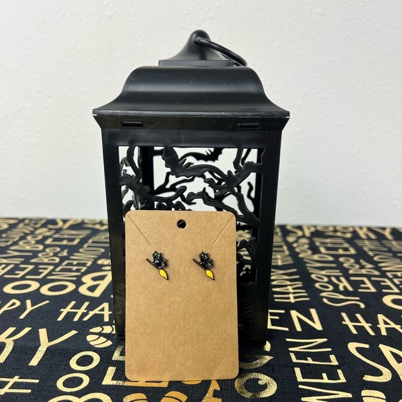Halloween Stud Earrings - Cat on a Broomstick - Picture 2 of 3